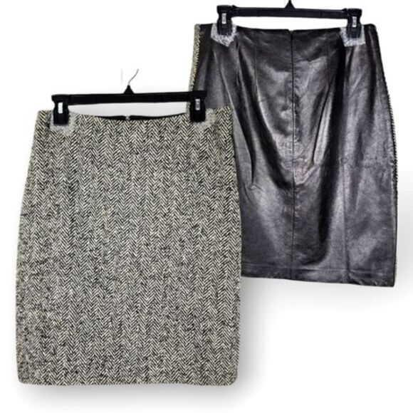 Laundry By Shelli Segal Dresses & Skirts - Vintage Laundry Shelli Segal Leather Wool Skirt 6 Herringbone Mixed Media 90s